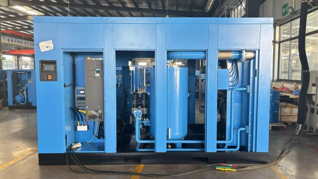 Large screw air compressor with side panels open and test cables connected on the workshop floor
