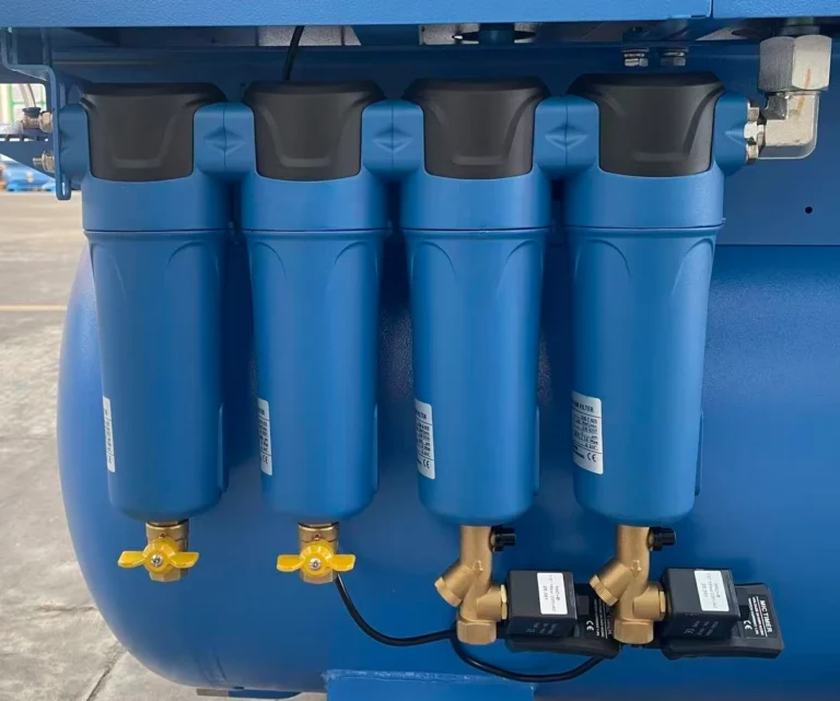 Precision filter assembly with pipe connections and electronic drain valves